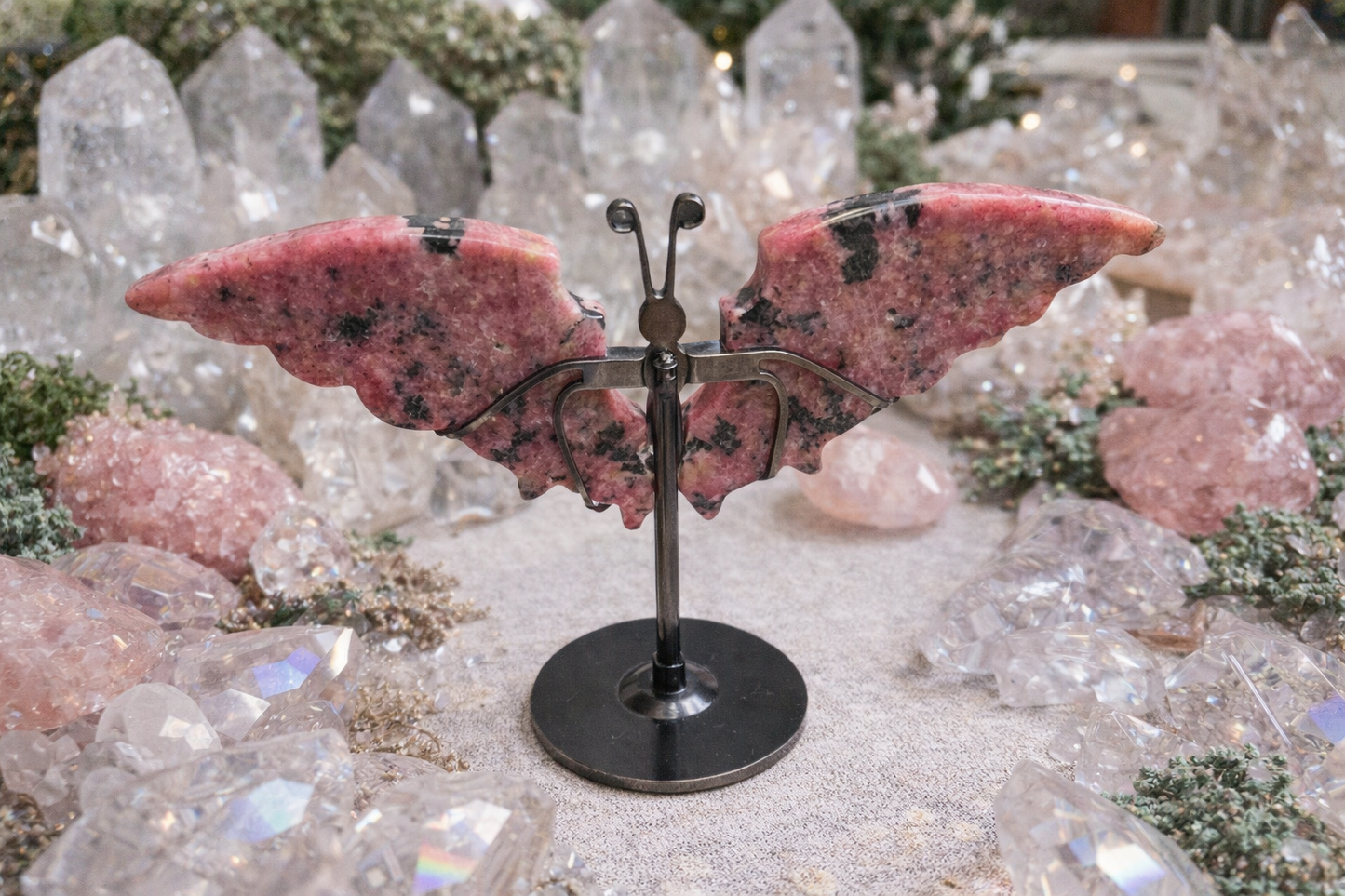 Rhodonite Crystal Butterfly Wings with Stand