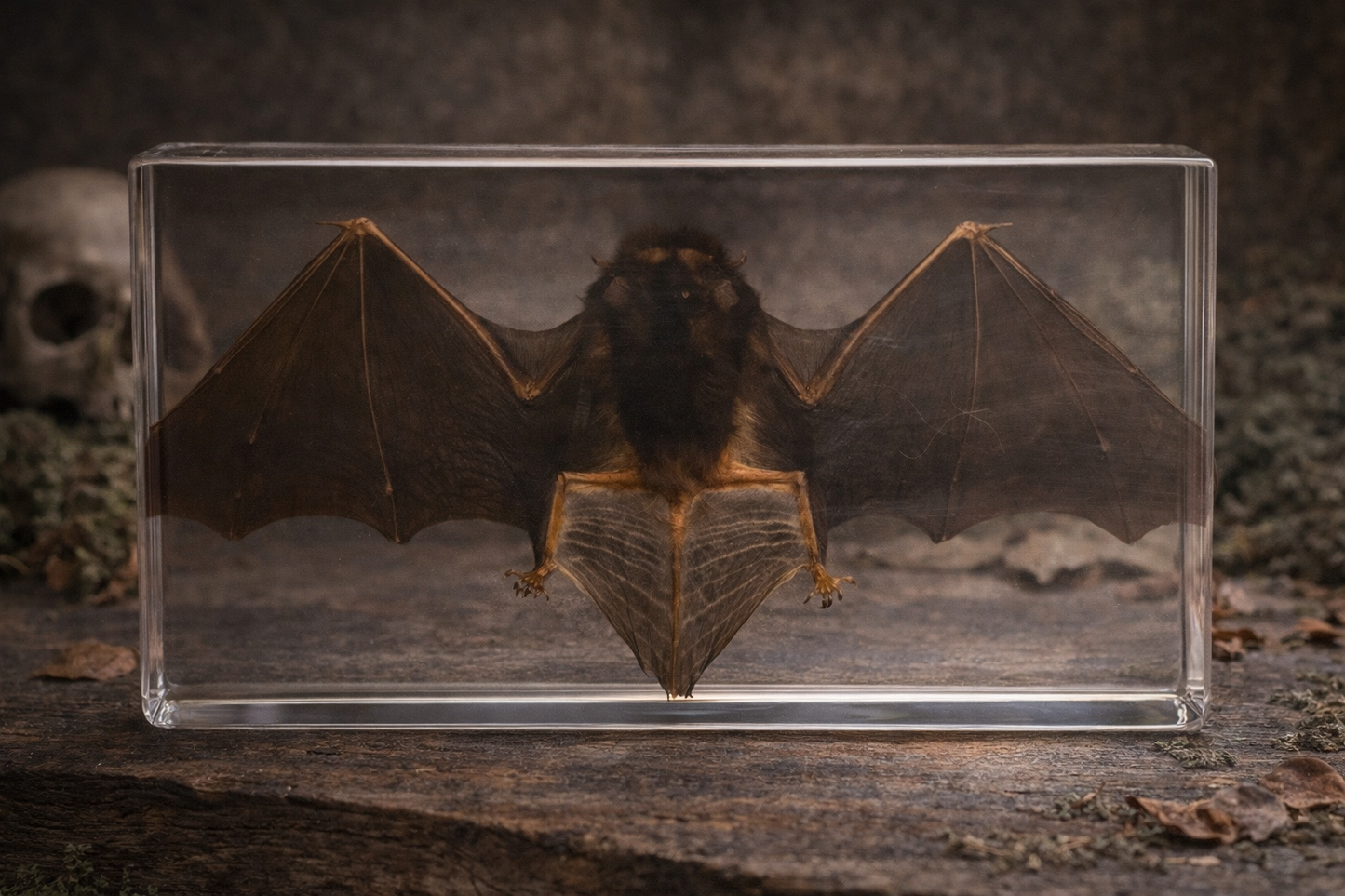 Preserved bat specimen in a clear rectangular block with a dark background