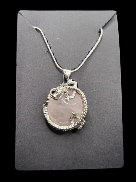 Rose Quartz Chinese Dragon Pendant Necklace