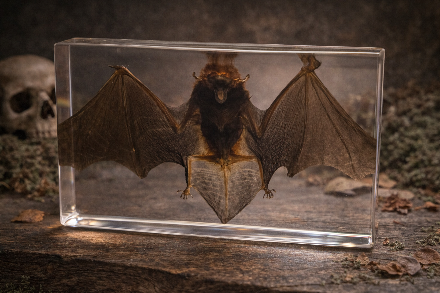 Preserved bat specimen in a clear block on a dark background