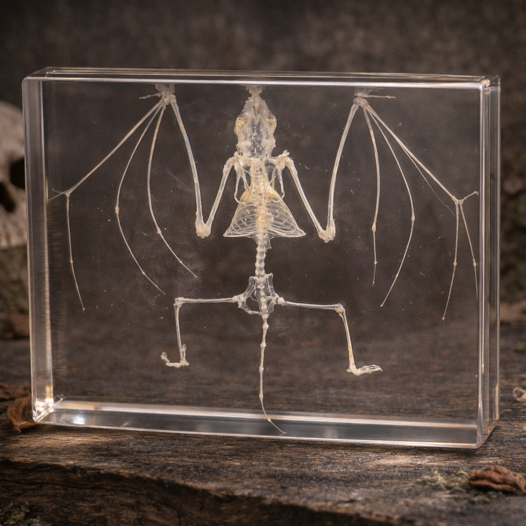 Bat skeleton in a clear block on a dark background