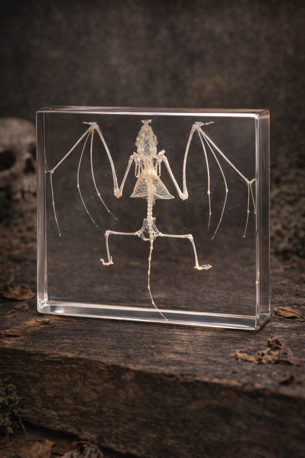 Bat skeleton model encased in clear acrylic on a dark wooden surface
