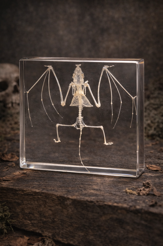 Bat skeleton model encased in clear acrylic on a dark wooden surface