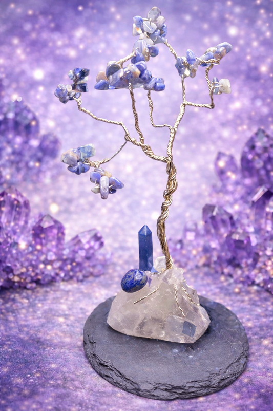 Handmade Kyanite Crystal Tree with Clear Quartz & Slate Base