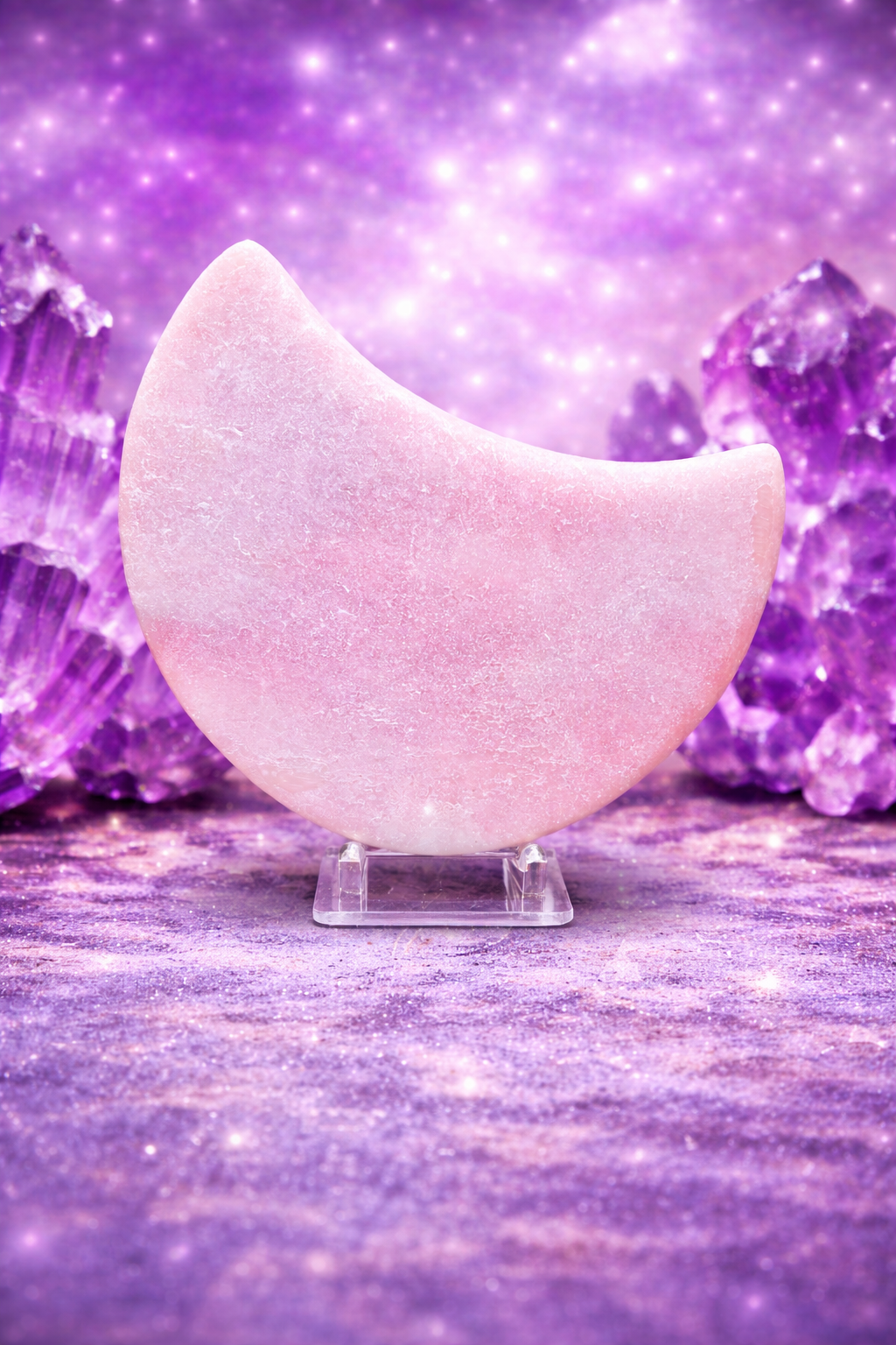 Pink Opal Moon Carving with Stand