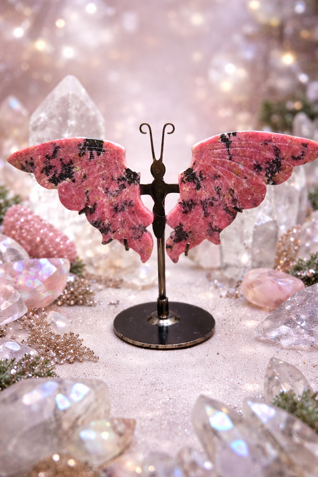 Rhodonite Crystal Butterfly Wings with Stand
