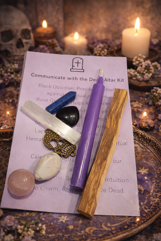 Wiccan altar kit with candles, crystals, and a skull on a dark background