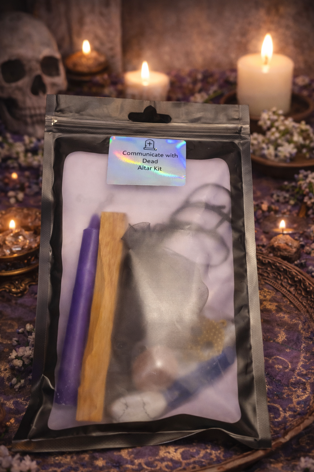 Package with tools for communicating with the dead on a mystical background with candles and skull.