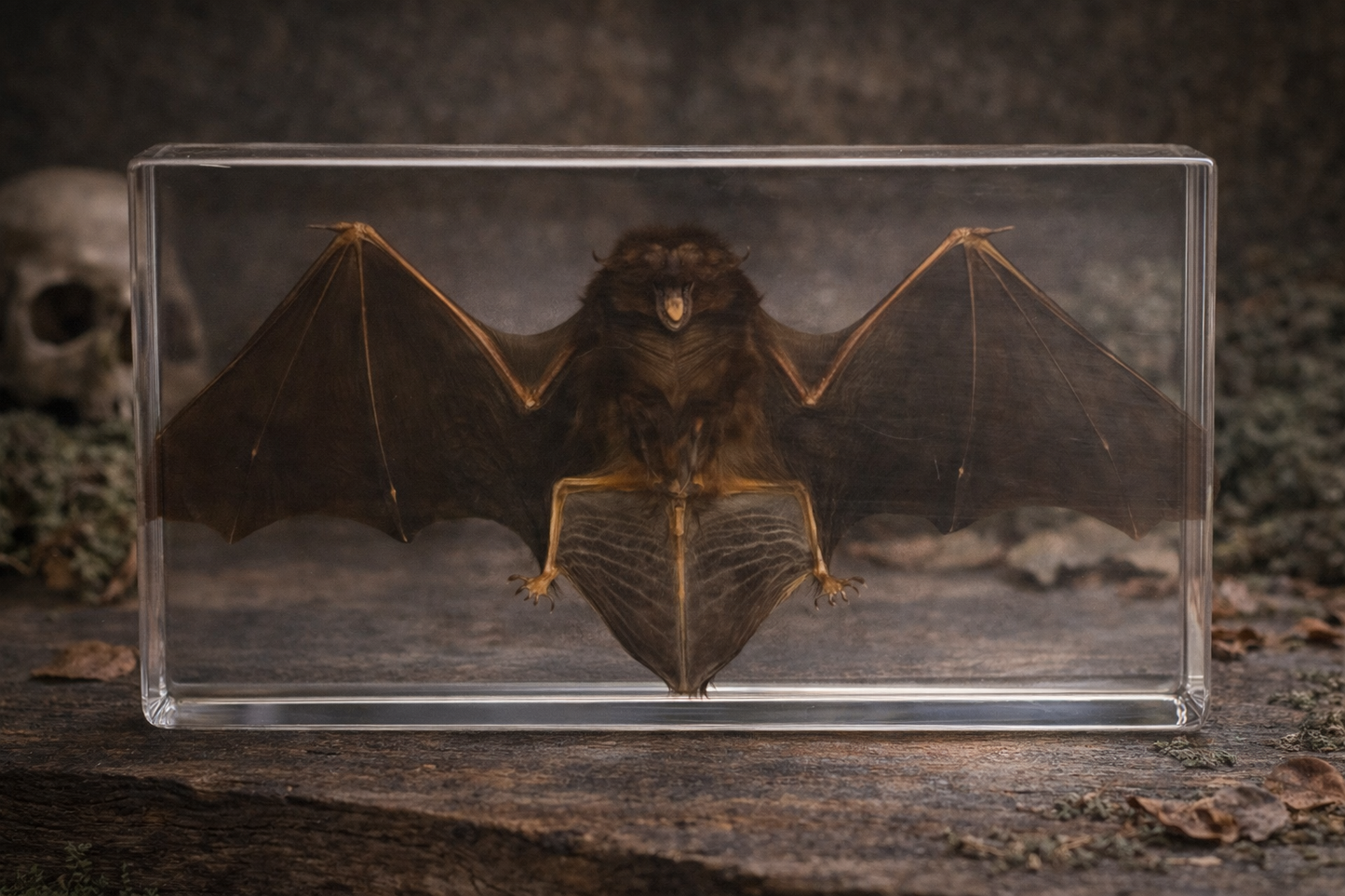 Preserved bat specimen in a clear box with a dark background