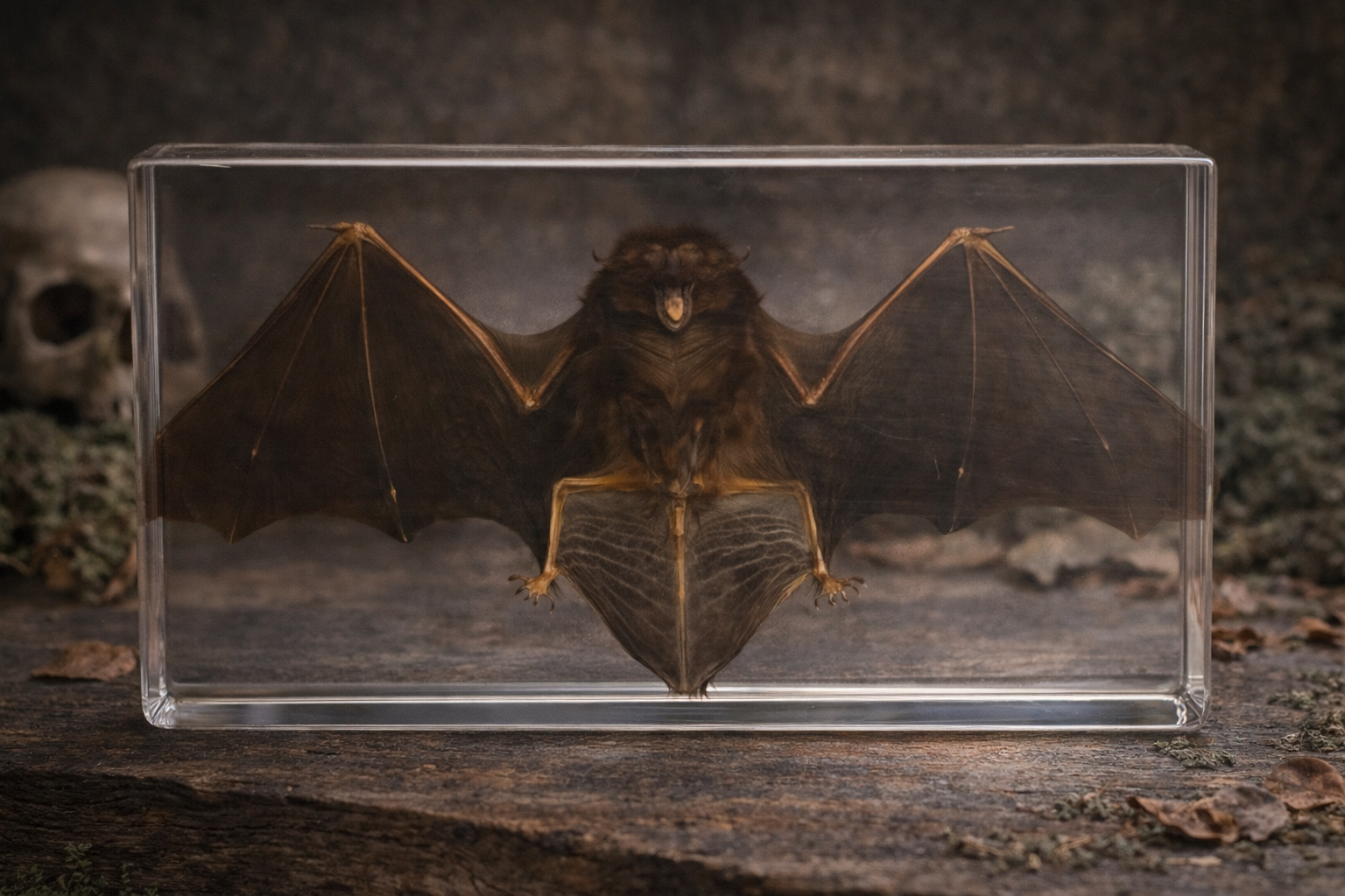Preserved bat specimen in a clear box with a dark background