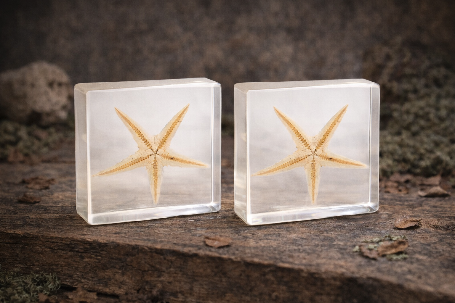 Two starfish in clear resin blocks on a wooden surface with a natural background
